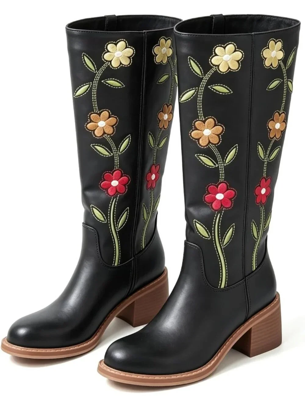 🆕Women's Black Floral Embroidered Western Cowboy Boots Mid Calf Square Heel